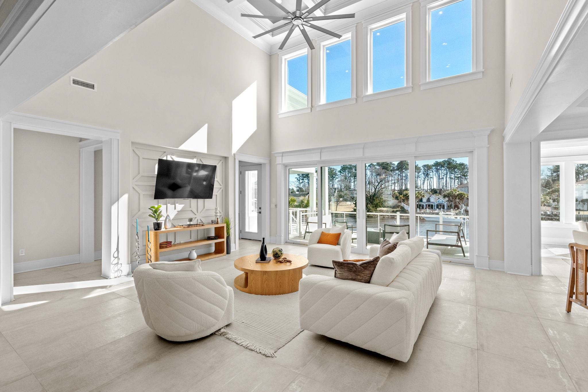 Living room with Intracoastal Waterway views at Serenity Point, Little River SC